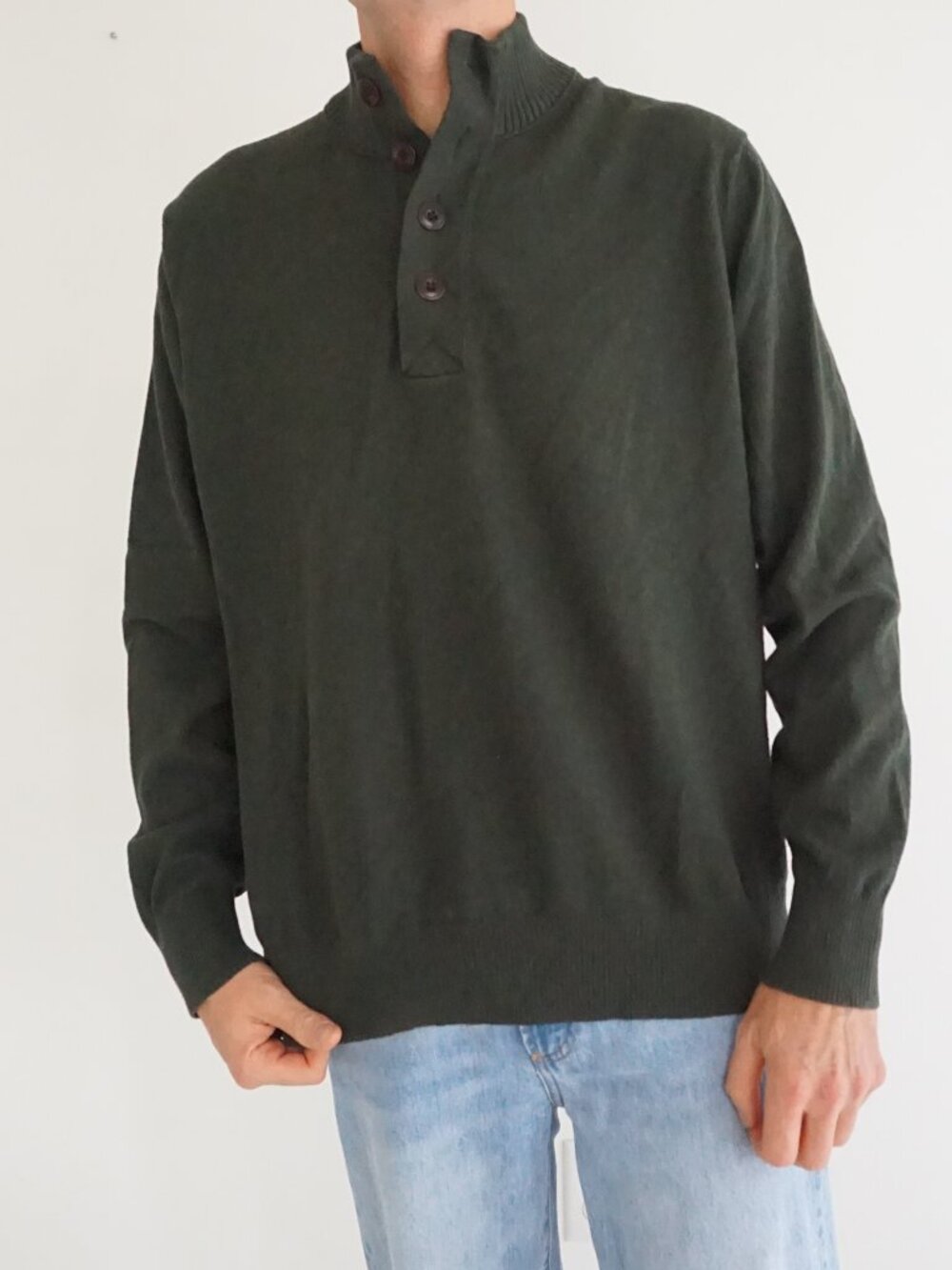 Eddie Bauer Forest Green Solid Button Mockneck Outdoor Classic Preppy Sweater XL